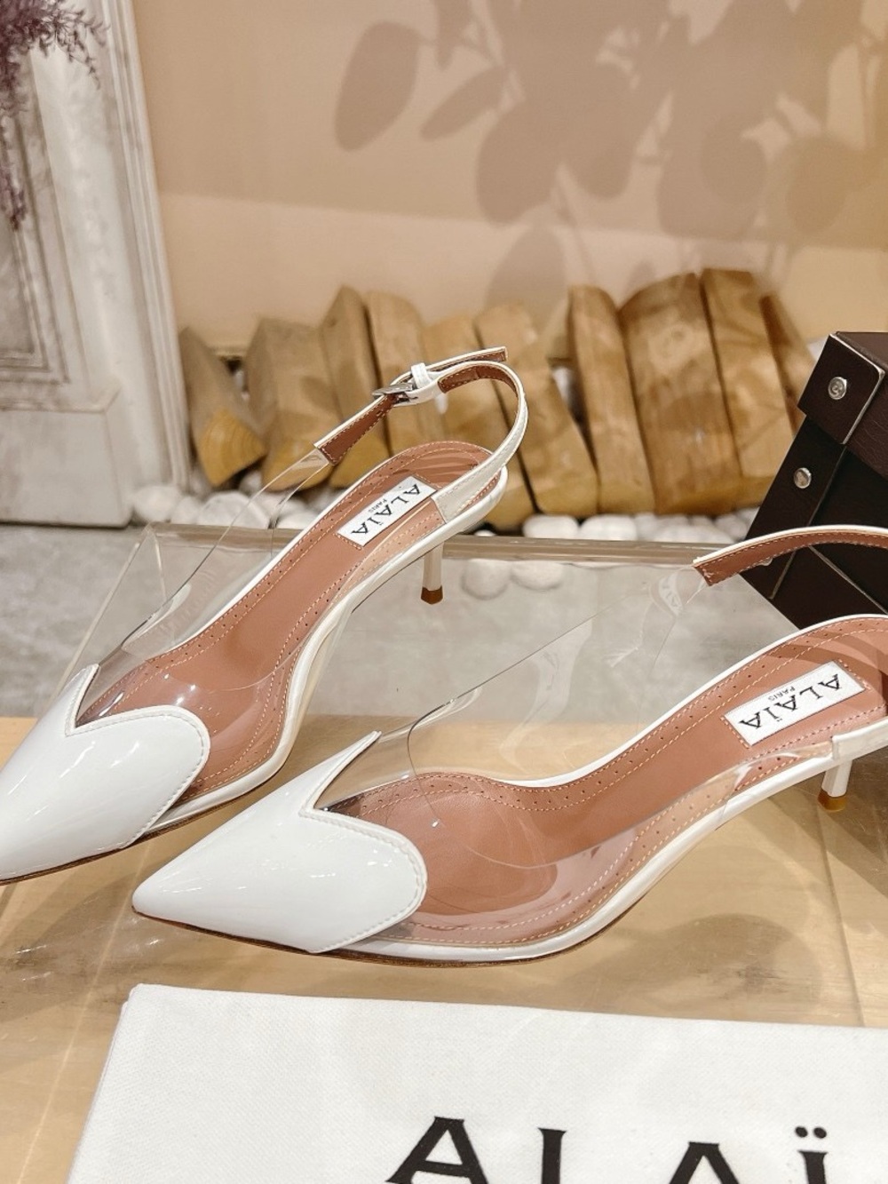 Alaia White Clear Pointed Slingback Kitten Heels